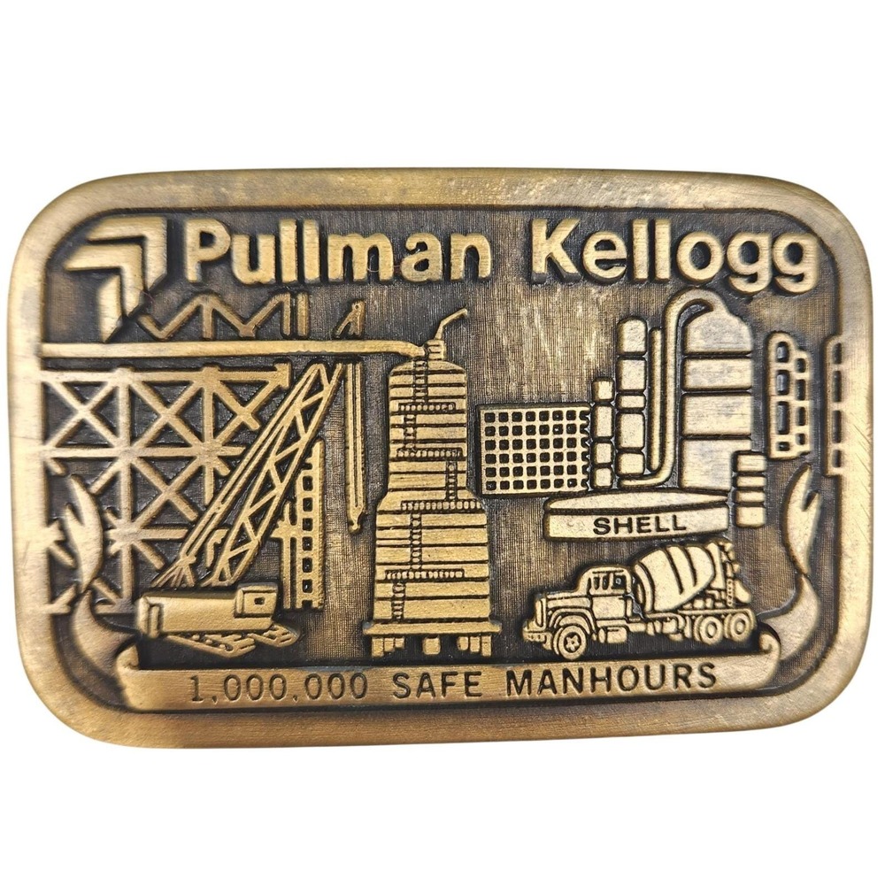 Vintage‎ Brass Belt Buckle Pullman Kellogg Shell Oil 1979-80 3x2"